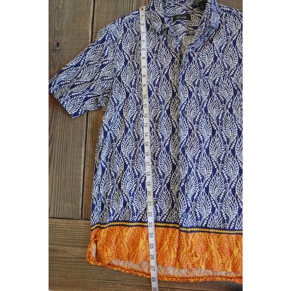 Tasso Elba Shirt Mens Small Blue White Leaf Print Silk Rayon Short Sleeve Casual - Picture 6 of 6